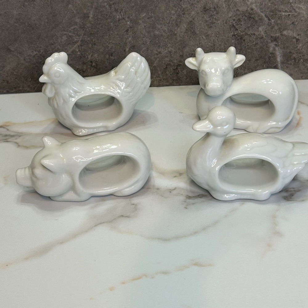 Vintage White Ceramic Farm Animal Napkin Rings Set of 4 Japan Cow Pig Duck Hen